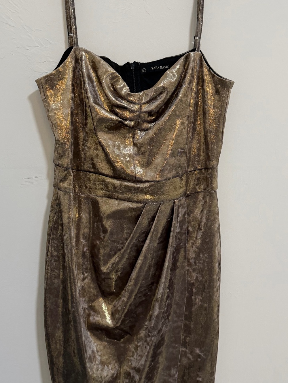 Zara Metallic Bronze Strapless Cowl Dress with Shimmer